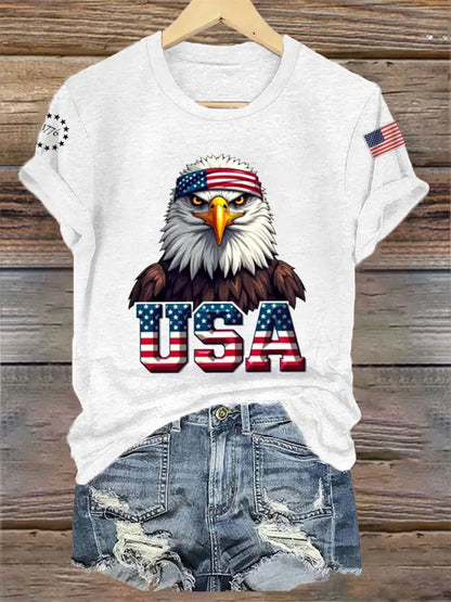 Women’s Independence Day USA Flag Bald Eagle Print Casual Tee White / S