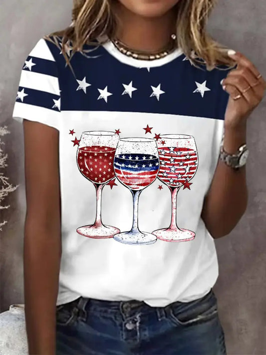 Women’s Independence Day Wine Glass Short-sleeved T-shirt Blue / S