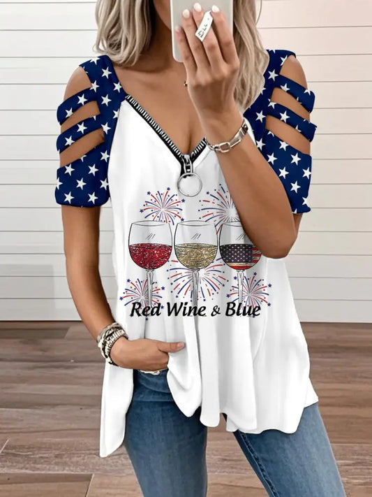 Women’s Independence Day Wine Glass V-neck Zipper T-shirt Blue / S