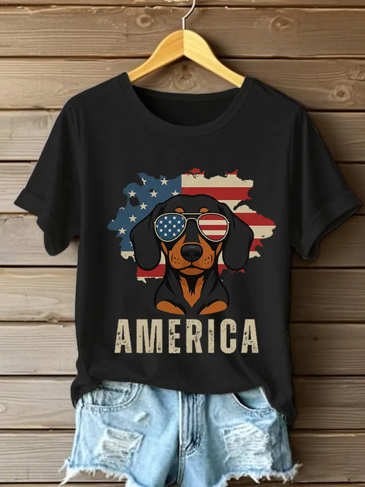 Women’s Independence DayPatriotic Dachshund Short Sleeve T-Shirt Black / S