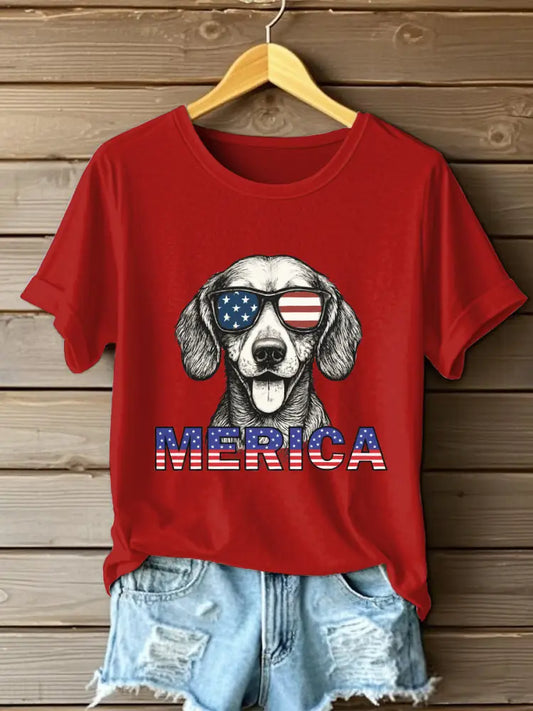 Women’s Independence DayPatriotic Dachshund Short Sleeve T-Shirt Red / S