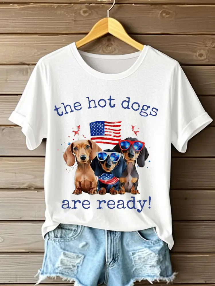 Women’s Independence DayPatriotic Dachshund Short Sleeve T-Shirt White / S