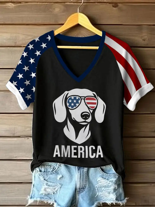Women’s Independence DayPatriotic Dachshund V-neck Off-shoulder Short-sleeved T-shirt Black / S