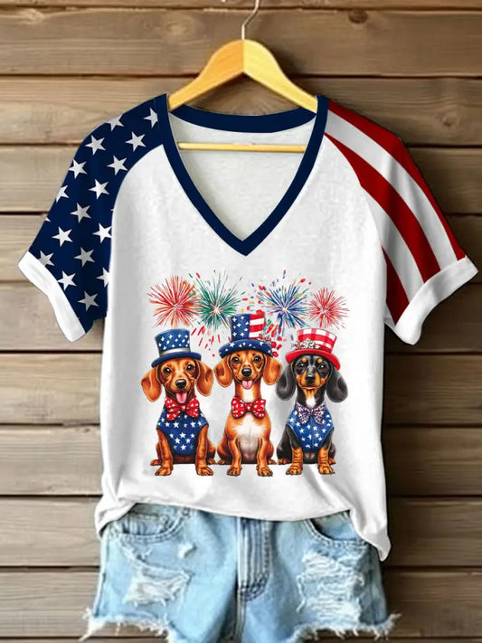 Women’s Independence DayPatriotic Dachshund V-neck Off-shoulder Short-sleeved T-shirt White / S