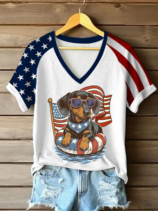 Women’s Independence DayPatriotic Dachshund V-neck Off-shoulder Short-sleeved T-shirt White / S