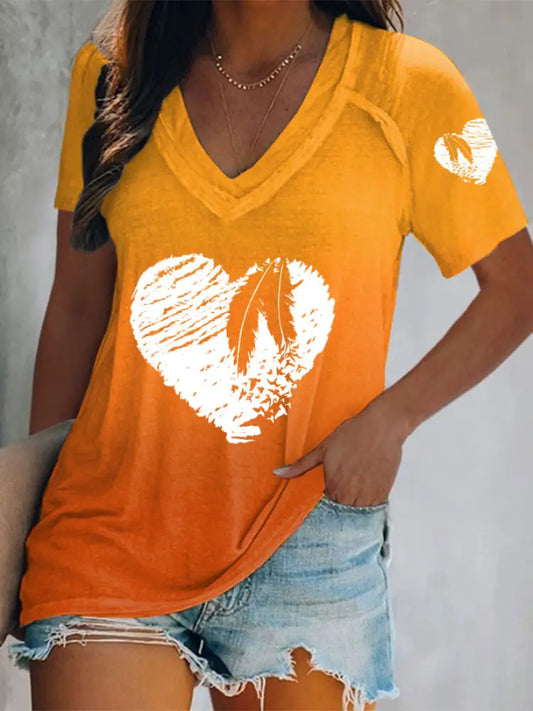 Women’s Indigenous feather print V-neck tops Orange / S
