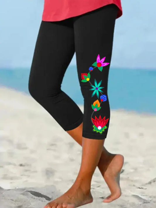 Women’s Indigenous Inspired Floral Print Stretch Leggings Black / S