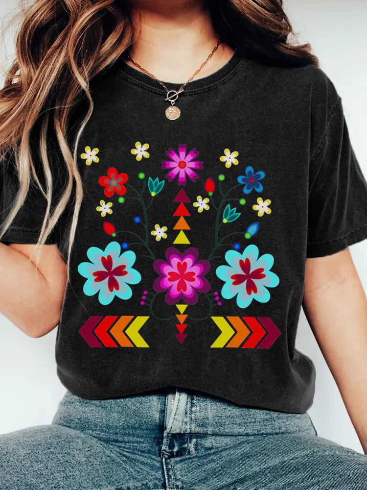 Women’s Indigenous Inspired Floral Print Washed T-Shirt Black / S