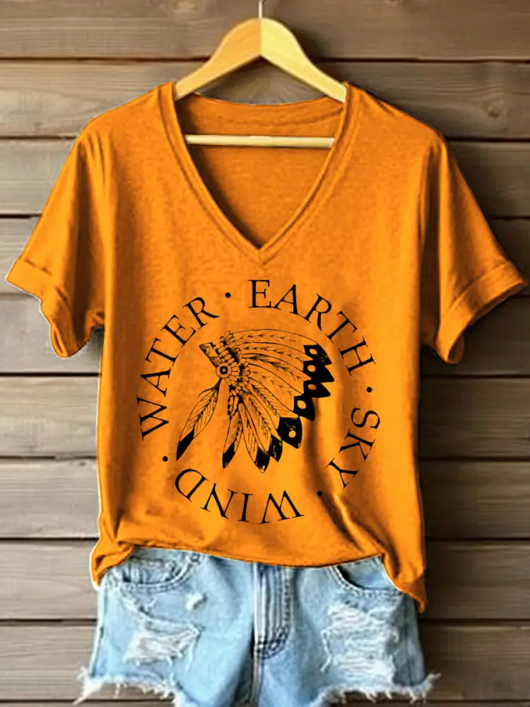 Women’s Indigenous Print V-Neck T-Shirt Orange / S