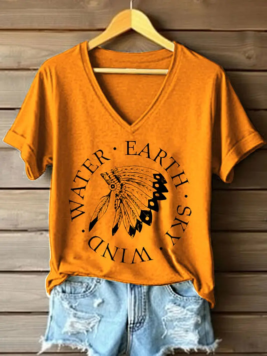Women’s Indigenous Print V-Neck T-Shirt Orange / S