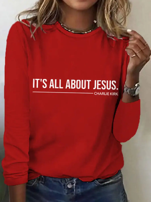 Women’s It’s All About Jesus Charlie Kirk Long Sleeve T-Shirt Red / S