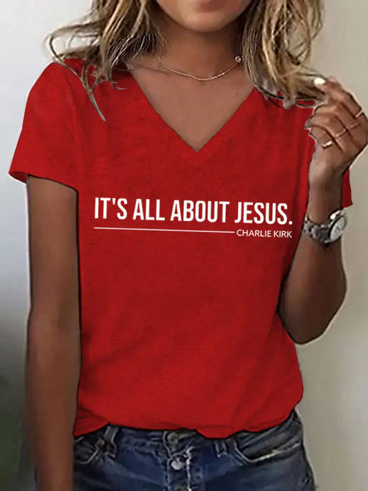 Women’s It’s All About Jesus Charlie Kirk V-Neck Tee Red / S