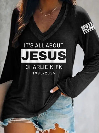 Women’s It’s All About Jesus R.I.P Charlie Kirk Long-Sleeve T-Shirt Black / S