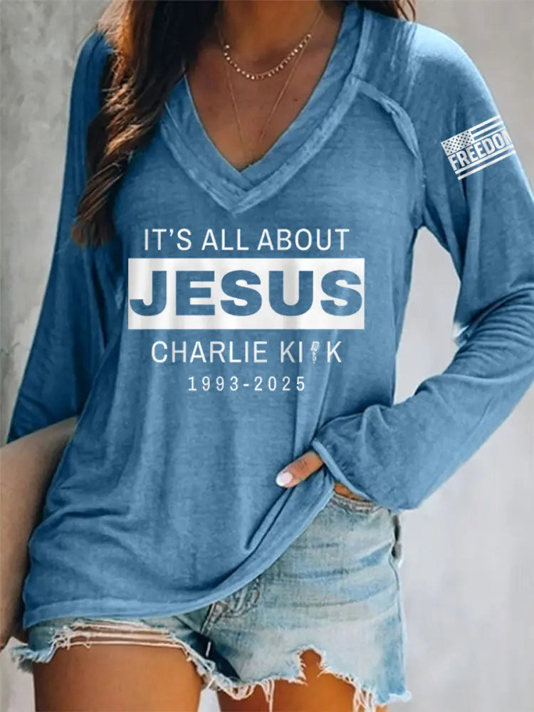 Women’s It’s All About Jesus R.I.P Charlie Kirk Long-Sleeve T-Shirt Blue / S