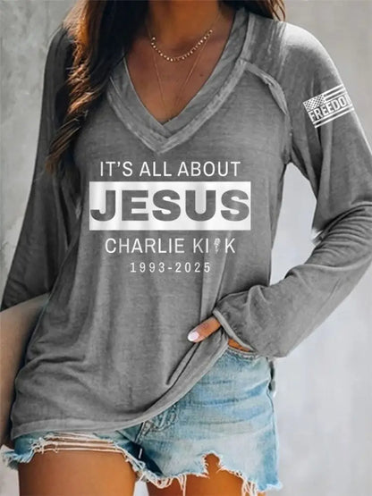 Women’s It’s All About Jesus R.I.P Charlie Kirk Long-Sleeve T-Shirt Gray / S