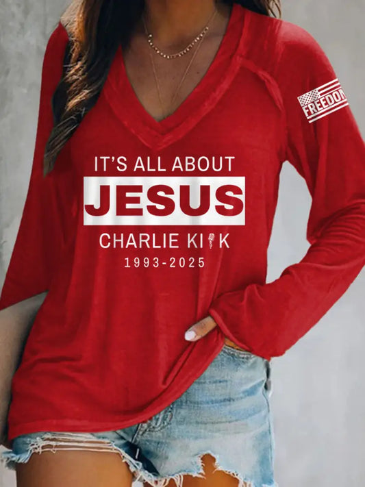 Women’s It’s All About Jesus R.I.P Charlie Kirk Long-Sleeve T-Shirt Red / S