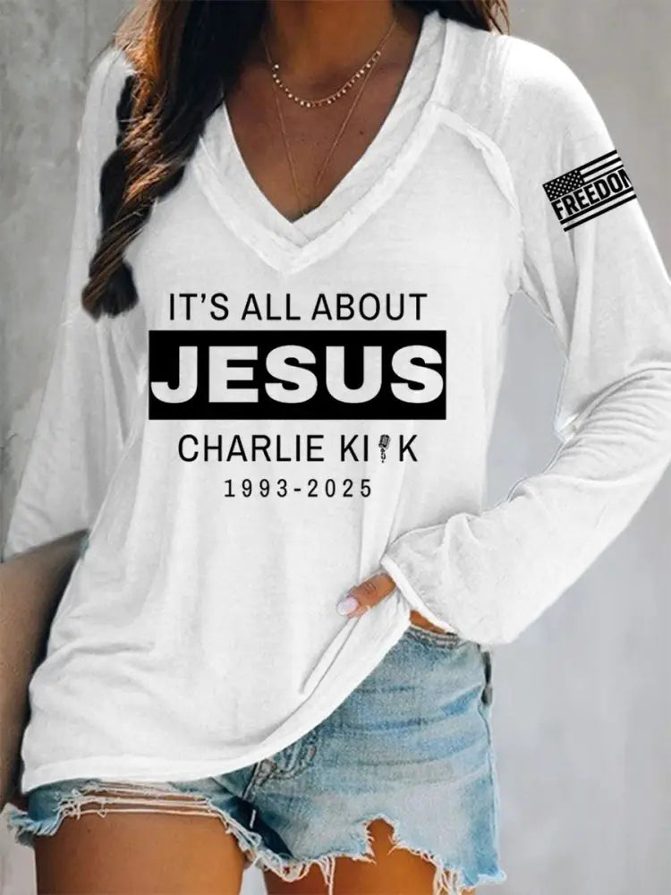 Women’s It’s All About Jesus R.I.P Charlie Kirk Long-Sleeve T-Shirt White / S