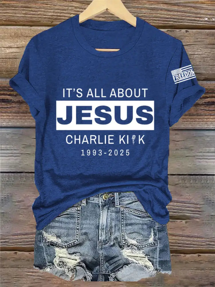Women’s It’s All About Jesus R.I.P Charlie Kirk Tee Navy Blue / S