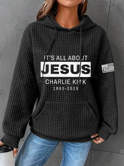 Women’s It’s All About Jesus R.I.P Charlie Kirk Waffle Hoodie Black / S