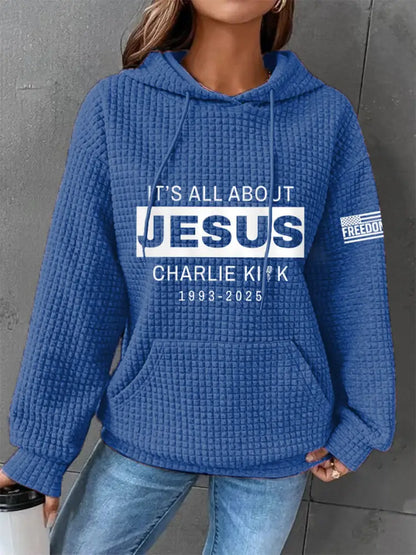 Women’s It’s All About Jesus R.I.P Charlie Kirk Waffle Hoodie Blue / S