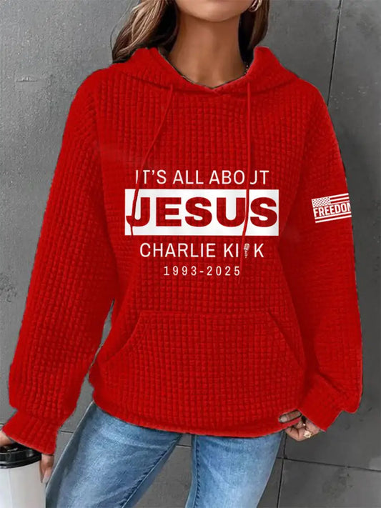 Women’s It’s All About Jesus R.I.P Charlie Kirk Waffle Hoodie Red / S