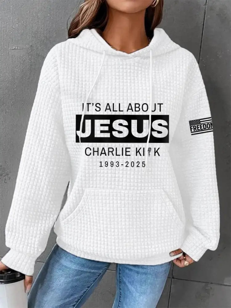 Women’s It’s All About Jesus R.I.P Charlie Kirk Waffle Hoodie White / S