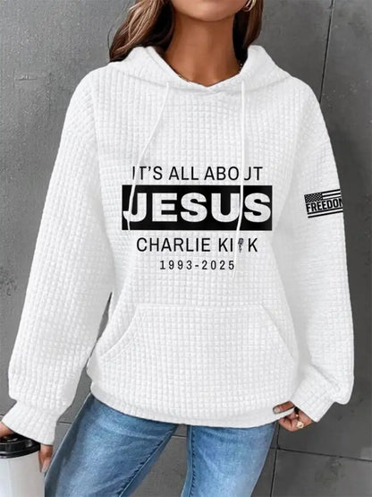 Women’s It’s All About Jesus R.I.P Charlie Kirk Waffle Hoodie White / S