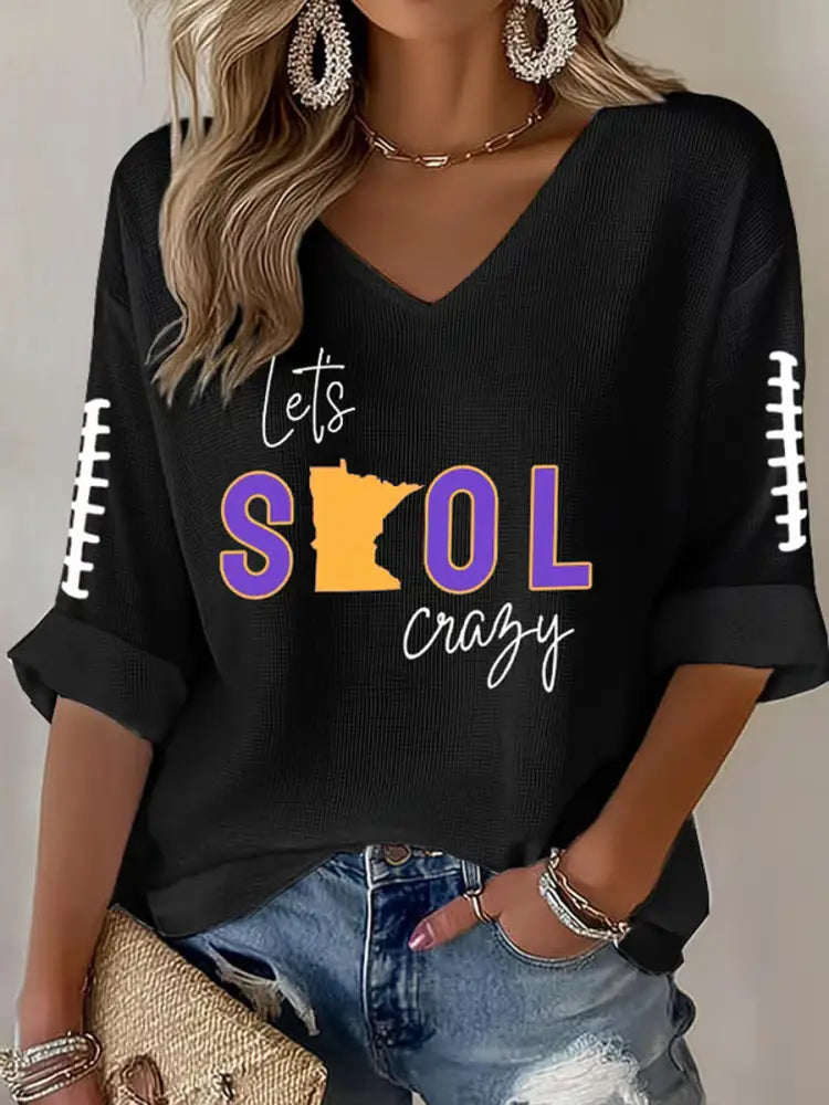 Women’s Let’s SKOL Crazy! Football Fans Lovers Gameday Casual V Neck Top Black / S