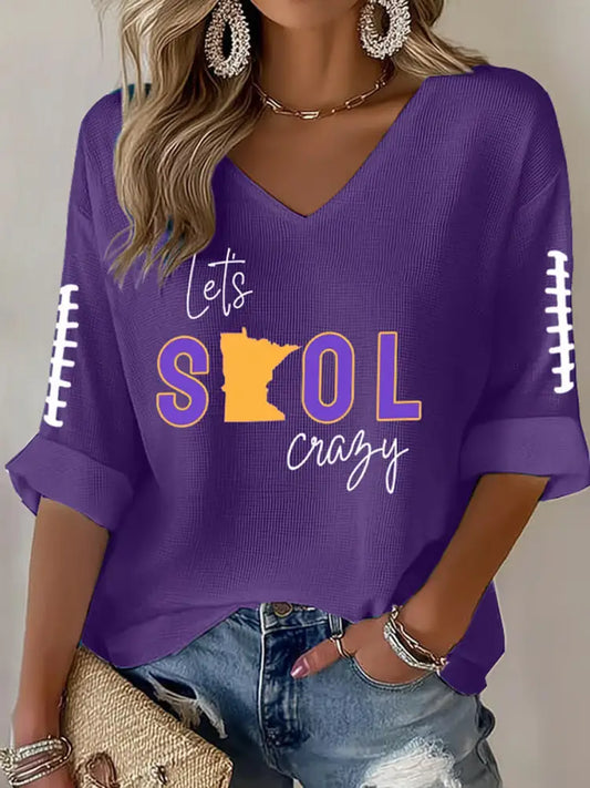 Women’s Let’s SKOL Crazy! Football Fans Lovers Gameday Casual V Neck Top Purple / S