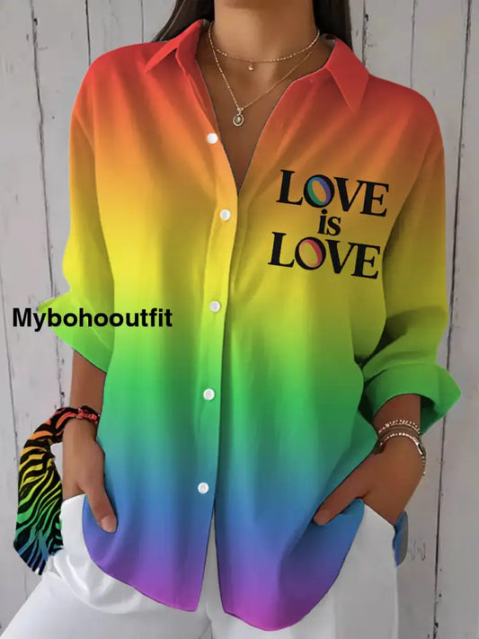 Women’s Love Is Love Rainbow Print Pride Month Casual Shirt Rainbow Colors / S