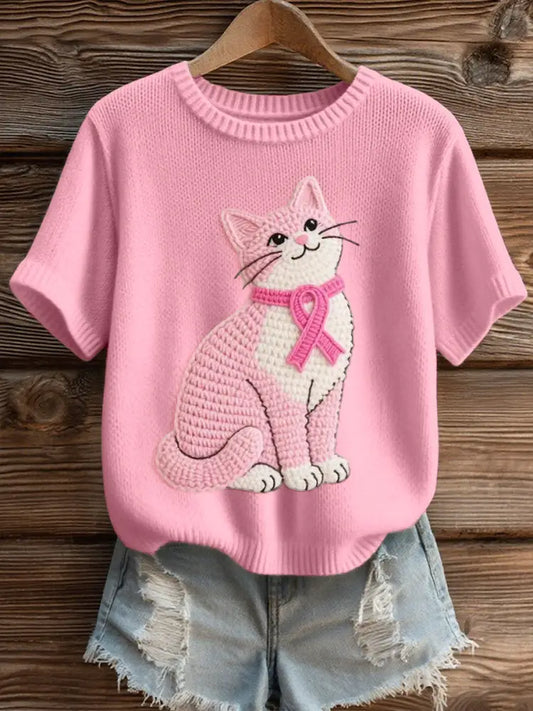 Women’s Lovely Cat Crochet Pattern Cozy Knit Top Pink / S