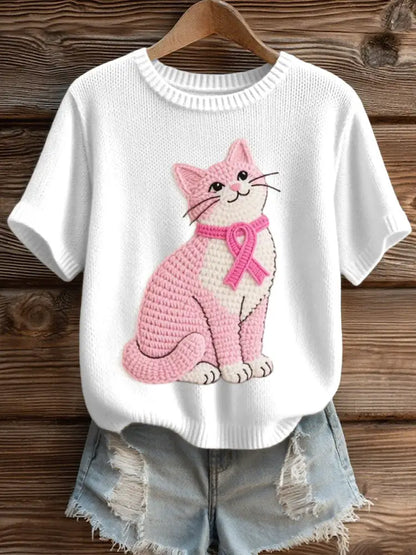 Women’s Lovely Cat Crochet Pattern Cozy Knit Top White / S
