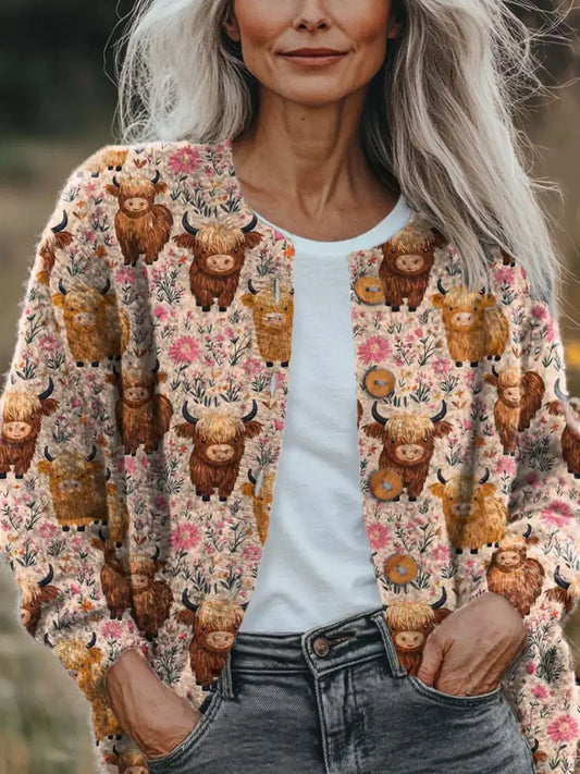 Women’s Lovely Cow Pattern Art Print Buttoned Cardigan Sweater Multicolor / S