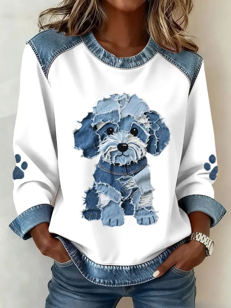 Women’s Lovely Furry Dog Pattern Denim Patchwork Art Sweatshirt White / S