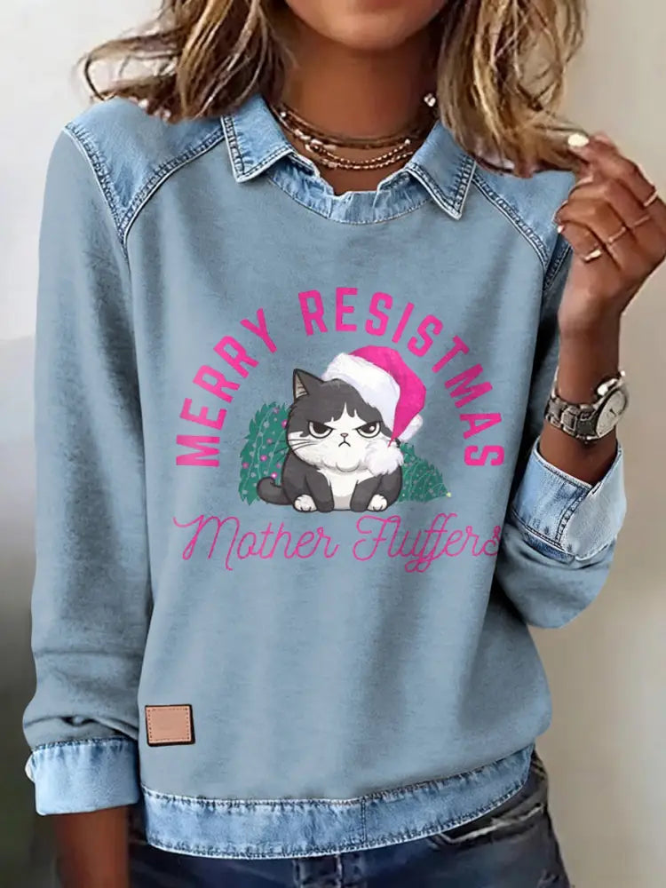 Women’s Merry Resistmas Cat Printed Sweatshirt Light Blue / S