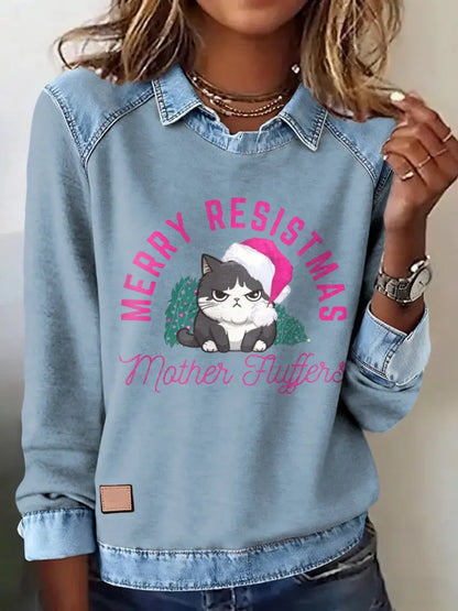 Women’s Merry Resistmas Cat Printed Sweatshirt Light Blue / S