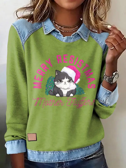 Women’s Merry Resistmas Cat Printed Sweatshirt Light Green / S