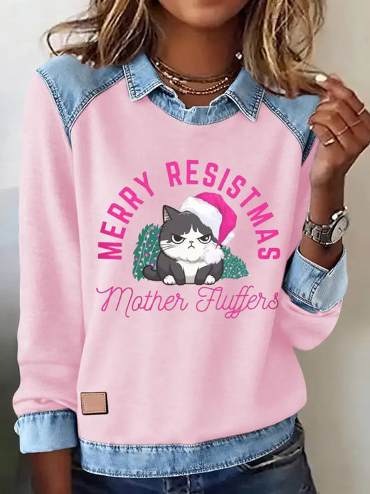Women’s Merry Resistmas Cat Printed Sweatshirt Light Pink / S