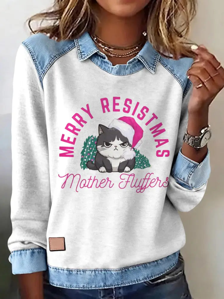 Women’s Merry Resistmas Cat Printed Sweatshirt White / S