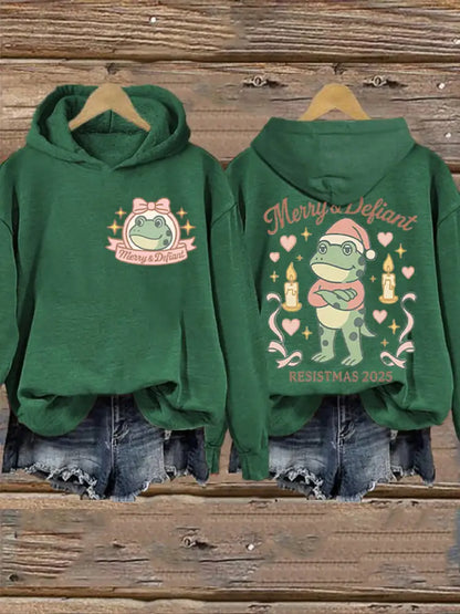 Women’s Merry Resistmas Portland Frog Printed Hoodie Green / S