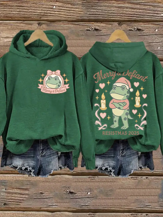 Women’s Merry Resistmas Portland Frog Printed Hoodie Green / S