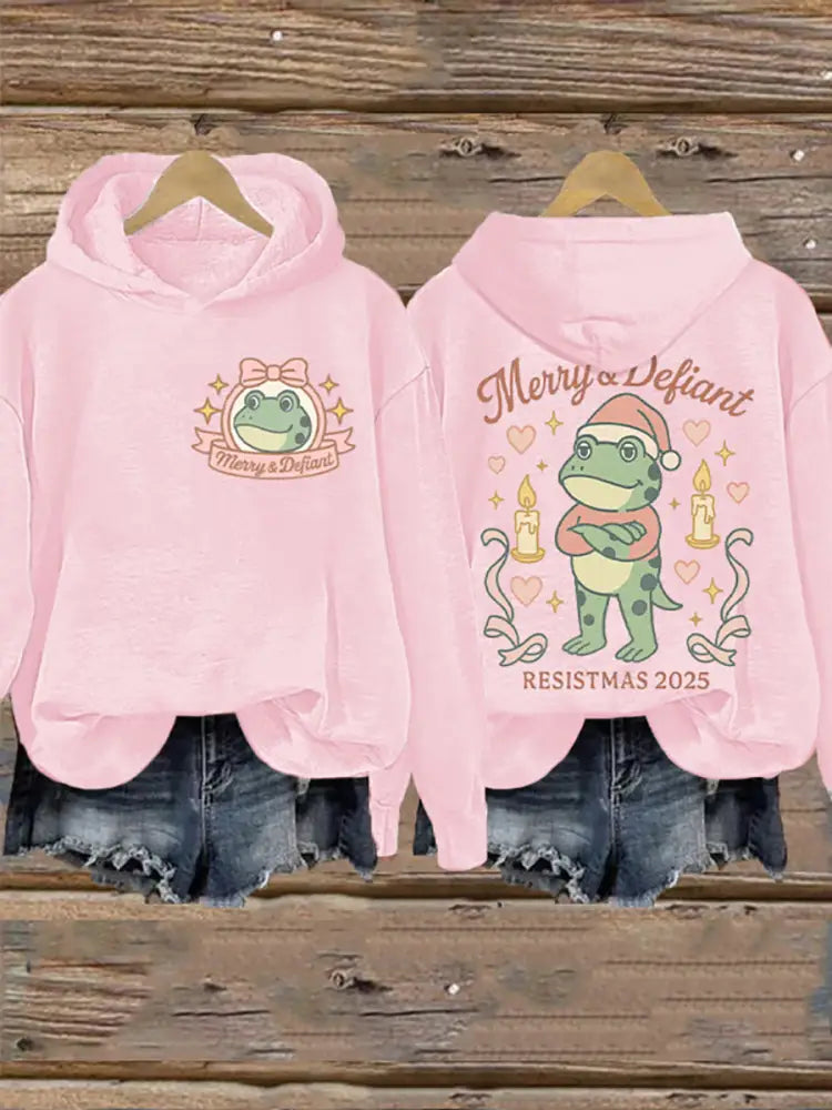 Women’s Merry Resistmas Portland Frog Printed Hoodie Pink / S