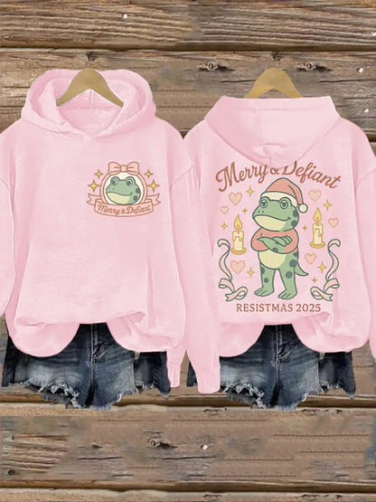 Women’s Merry Resistmas Portland Frog Printed Hoodie Pink / S