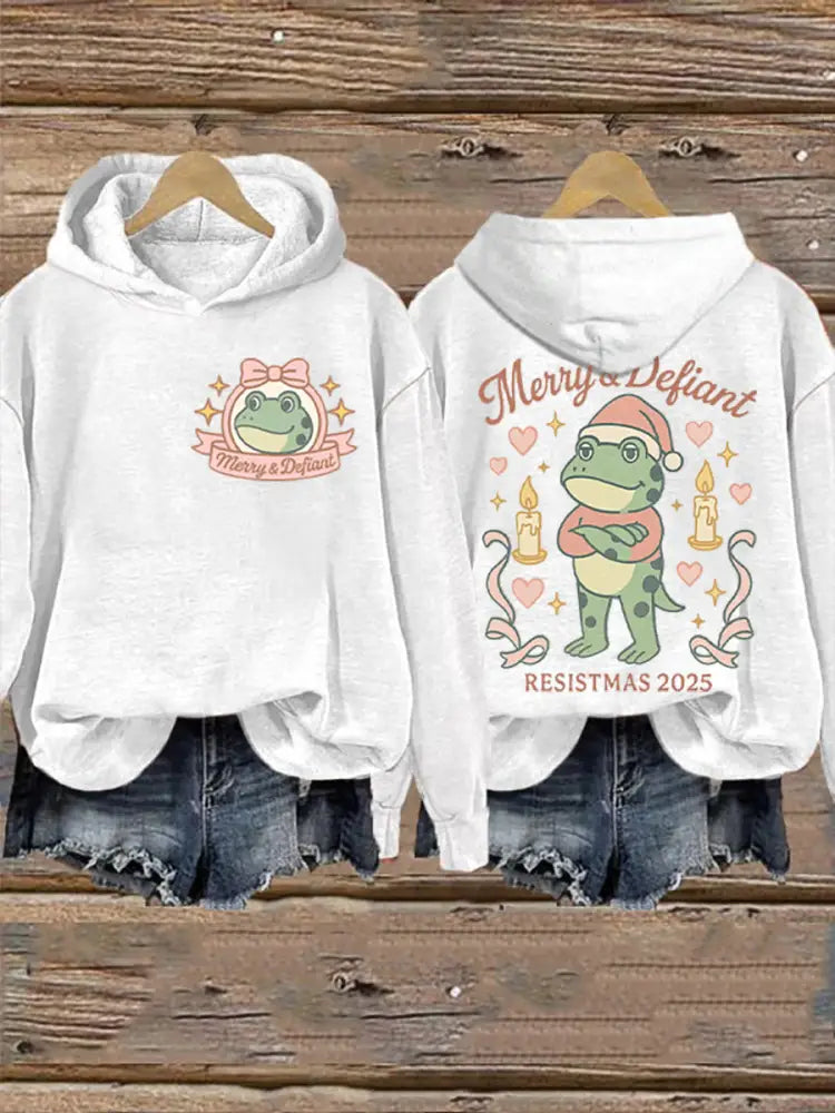 Women’s Merry Resistmas Portland Frog Printed Hoodie White / S