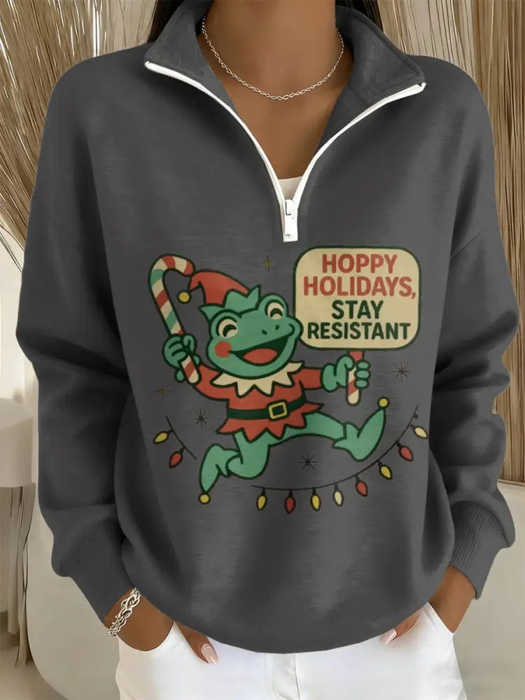 Women’s Merry Resistmas Portland Frog Printed Sweatshirt Dark Gray / S