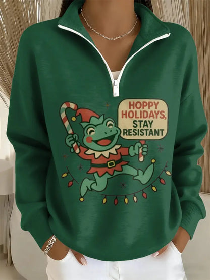 Women’s Merry Resistmas Portland Frog Printed Sweatshirt Dark Green / S
