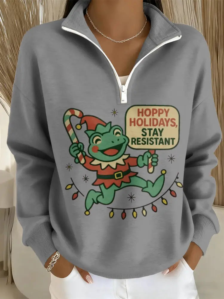Women’s Merry Resistmas Portland Frog Printed Sweatshirt Light Gray / S