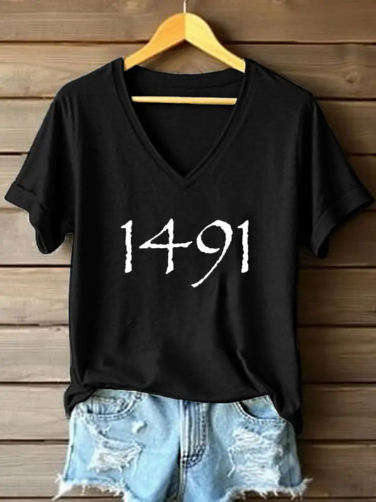 Women’s Native American 1491 Print V-Neck T-Shirt Black / S