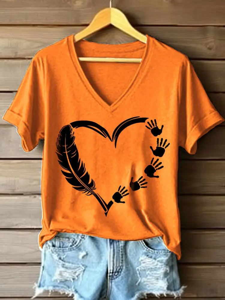 Women’s Native American Inspired Heart Print T-Shirt Orange / S