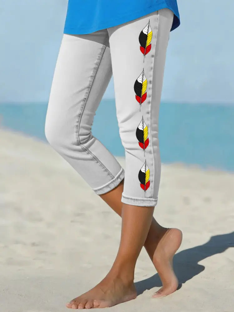 Women’s Native American Medicine Wheel Feathers Cropped leggings Creamy-White / S